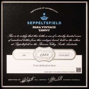Seppeltsfield 1923 Para Vintage Tawny 100ml Authenticity Certificate